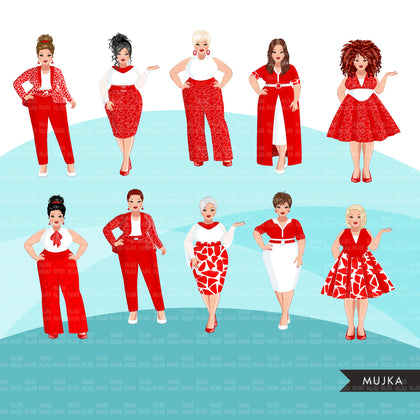 Fashion Clipart, curvy woman white and red dress, sisters, friends, sisterhood Sublimation designs for Cricut & Cameo, commercial use PNG