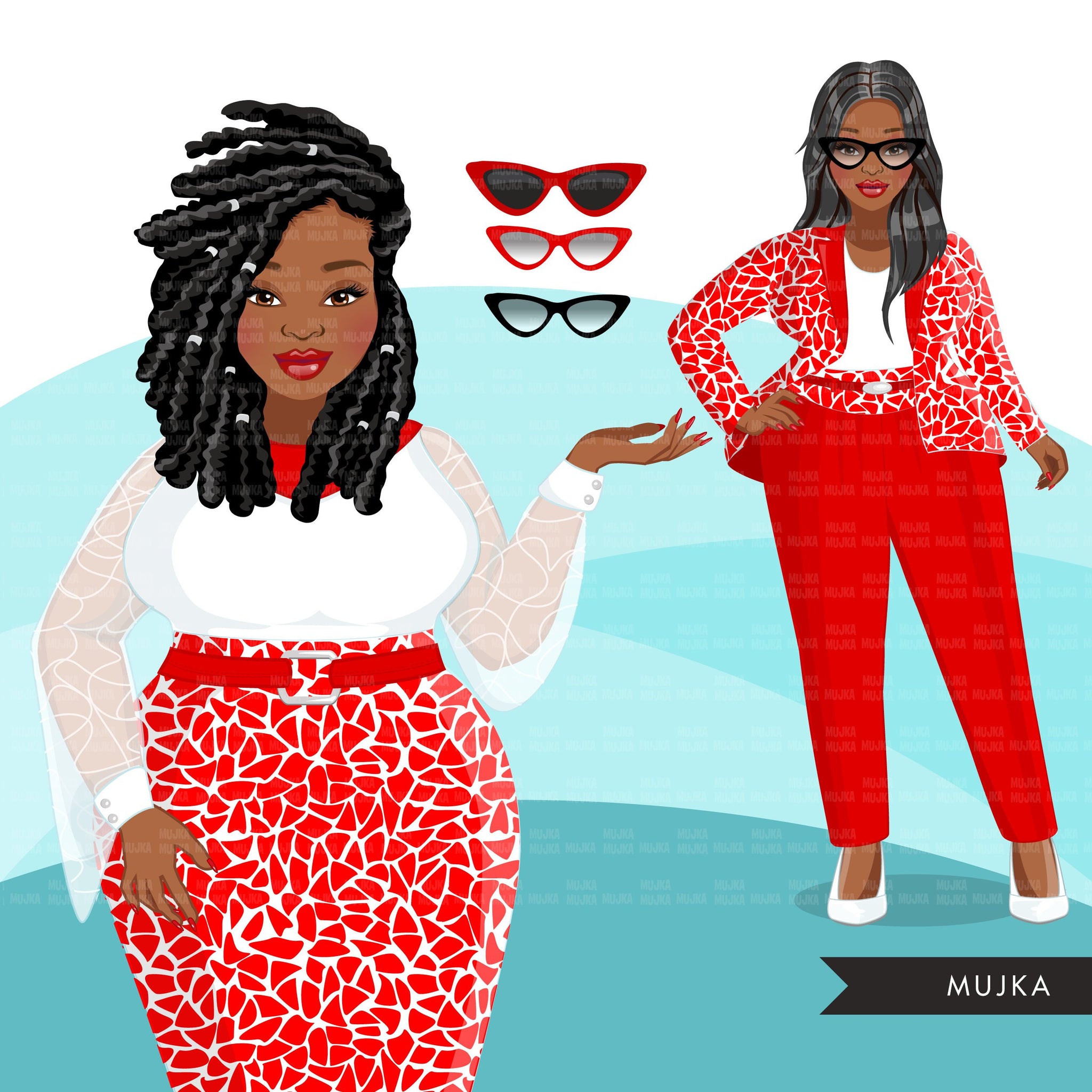 Fashion Clipart, Curvy Black woman, red dress, sisters, friends, sisterhood Sublimation designs for Cricut & Cameo, commercial use PNG