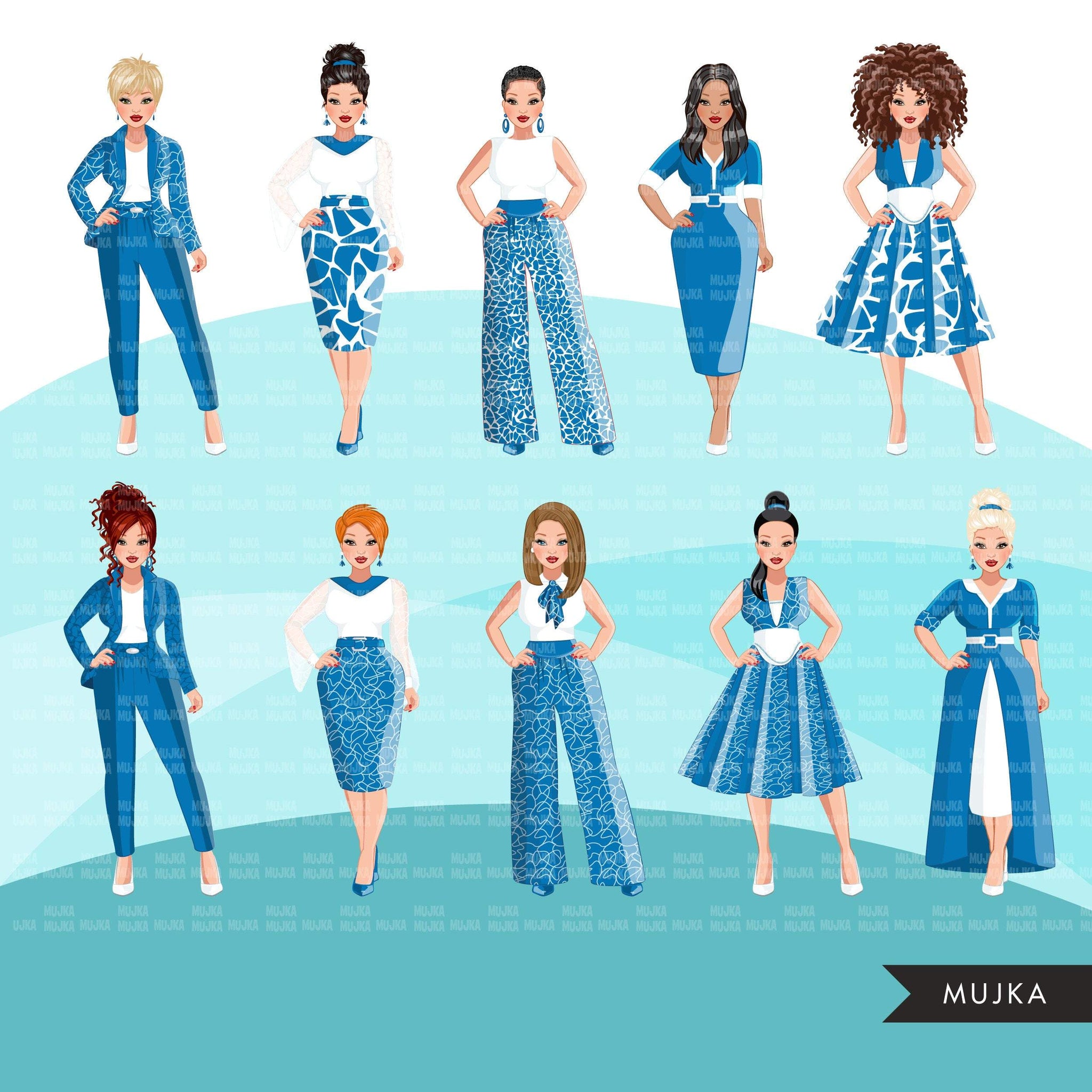 Fashion Clipart, woman graphic, blue dress, sisters, friends, sisterhood Sublimation designs for Cricut & Cameo, commercial use PNG