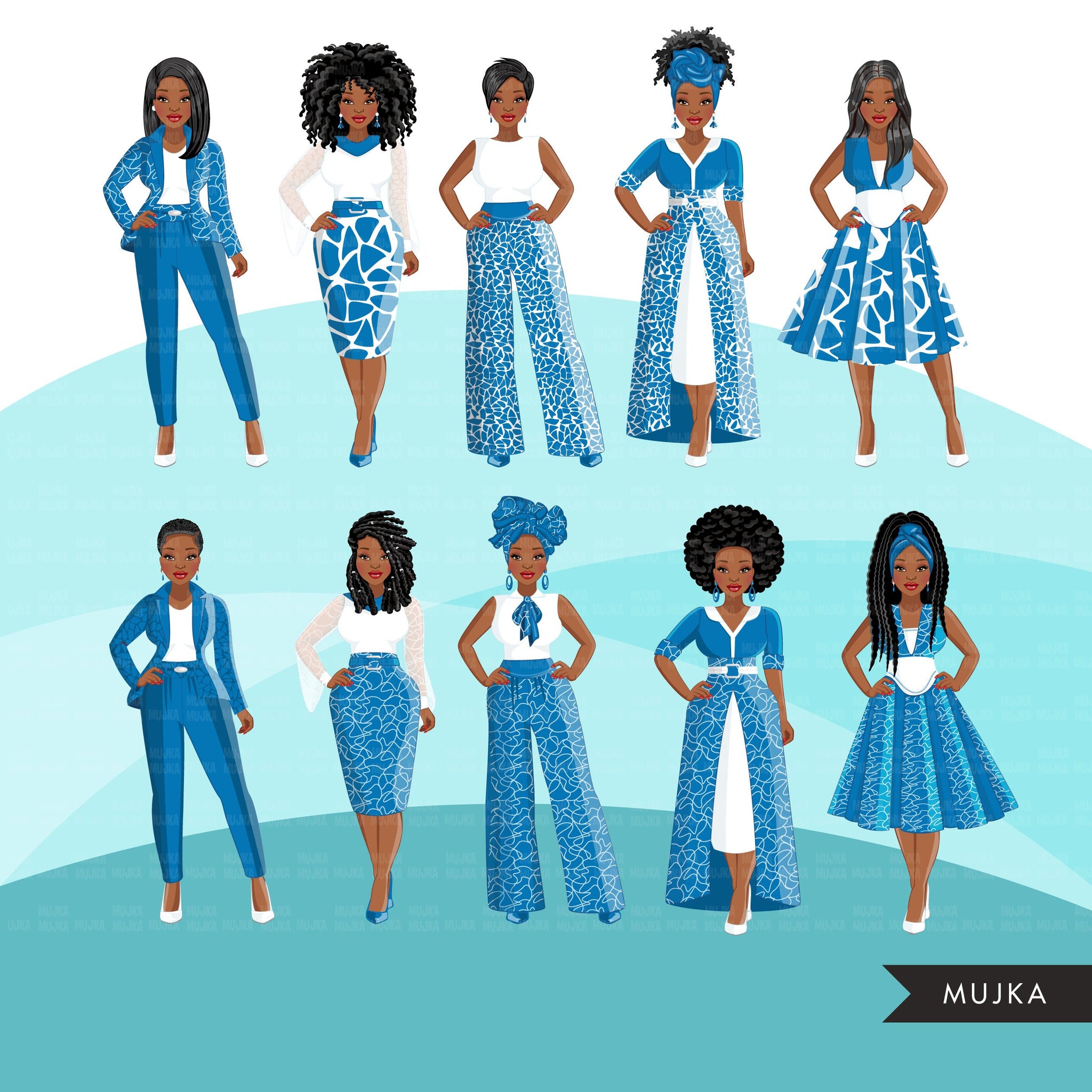Fashion Clipart, Black woman graphics, blue dress, sisters, friends, sisterhood Sublimation designs for Cricut & Cameo, commercial use PNG