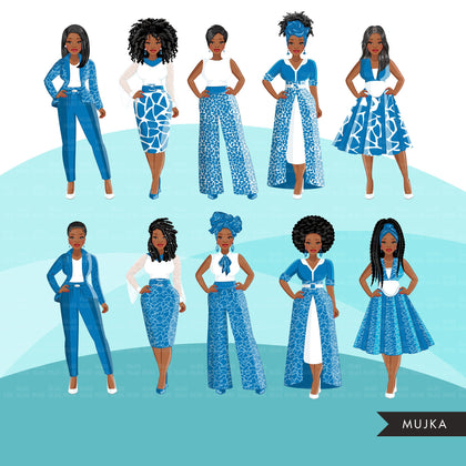 Fashion Clipart, Black woman graphics, blue dress, sisters, friends, sisterhood Sublimation designs for Cricut & Cameo, commercial use PNG