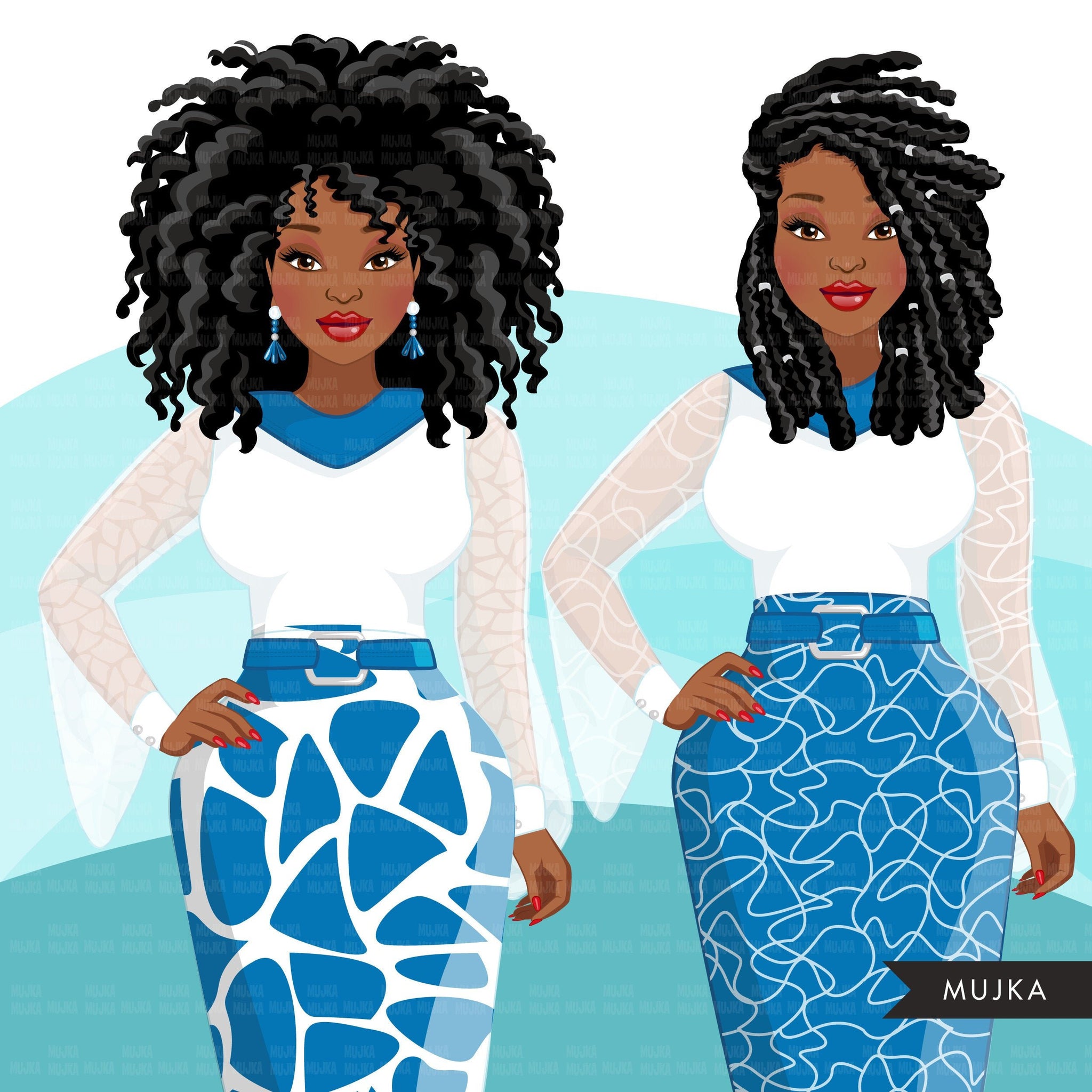 Fashion Clipart, Black woman graphics, blue dress, sisters, friends, sisterhood Sublimation designs for Cricut & Cameo, commercial use PNG
