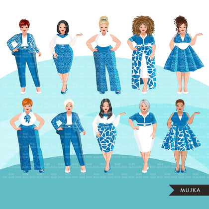 Fashion Clipart, curvy woman clipart, blue dress, sisters, friends, sisterhood Sublimation designs for Cricut & Cameo, commercial use PNG