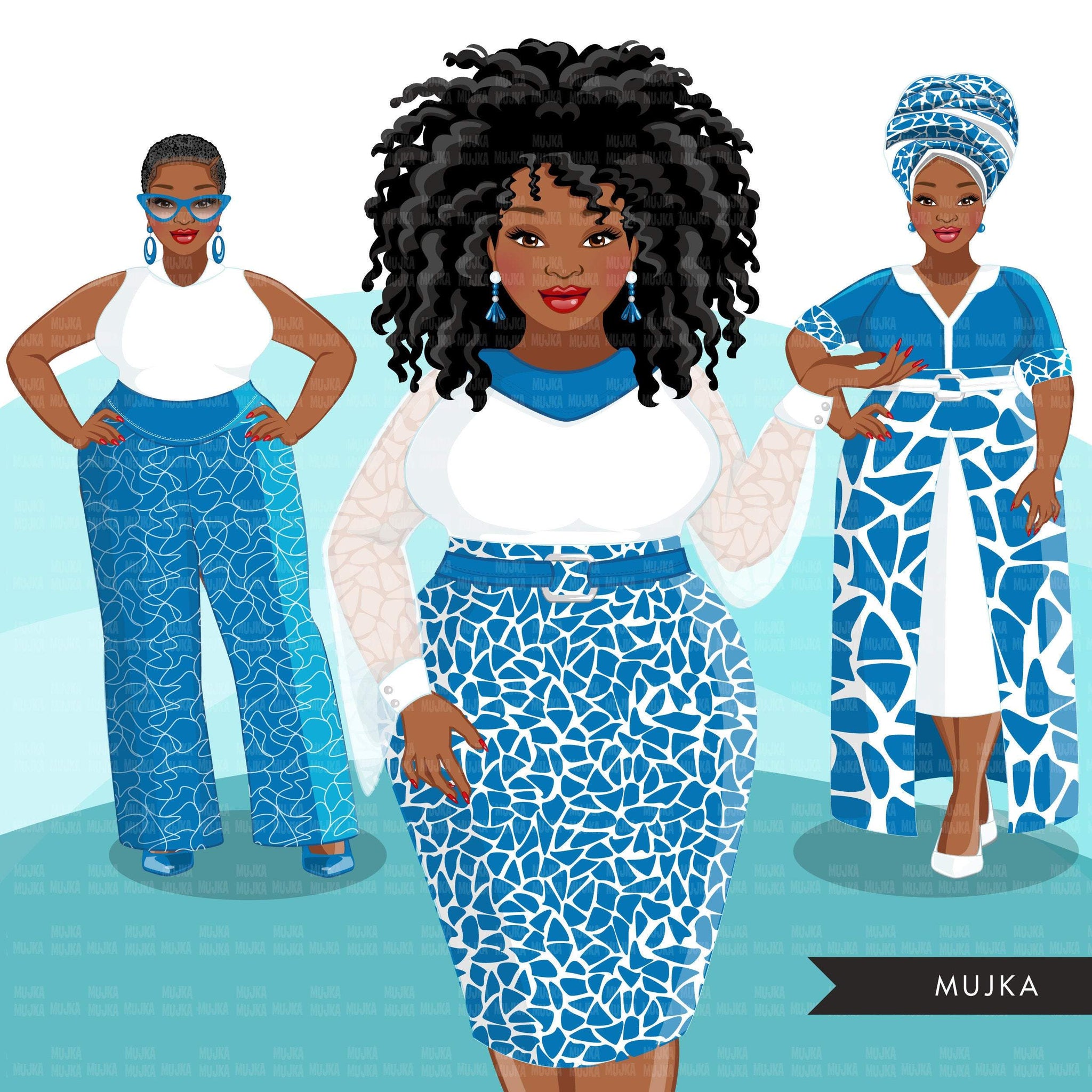 Clipart de moda, gráficos de mulher negra curvilínea, vestido azul, irmãs, amigos, irmandade Sublimação para Cricut &amp; Cameo, uso comercial PNG