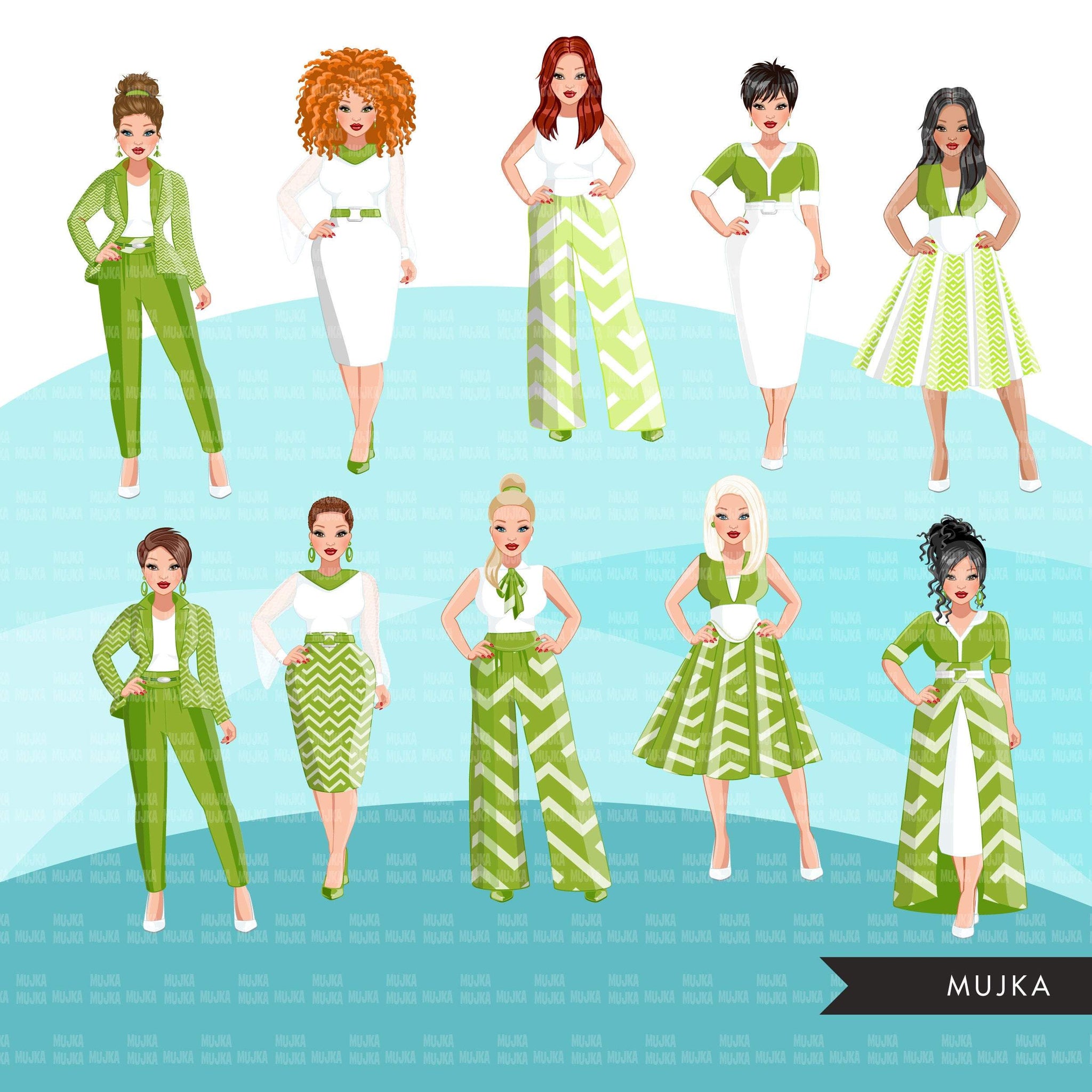 Fashion Clipart, woman graphic, green dress, sisters, friends, sisterhood Sublimation designs for Cricut & Cameo, commercial use PNG