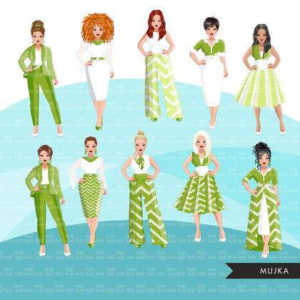 Fashion Clipart, woman graphic, green dress, sisters, friends, sisterhood Sublimation designs for Cricut & Cameo, commercial use PNG