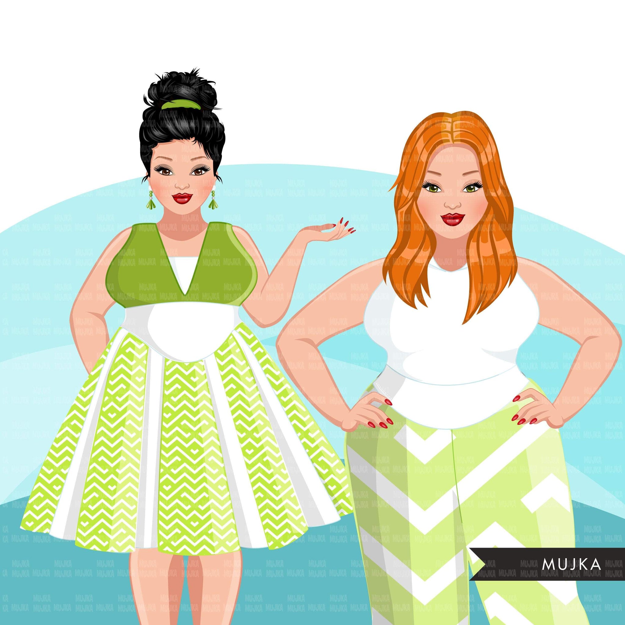 Fashion Clipart, curvy woman graphic, green dress, sisters, friends, sisterhood Sublimation designs for Cricut & Cameo, commercial use PNG