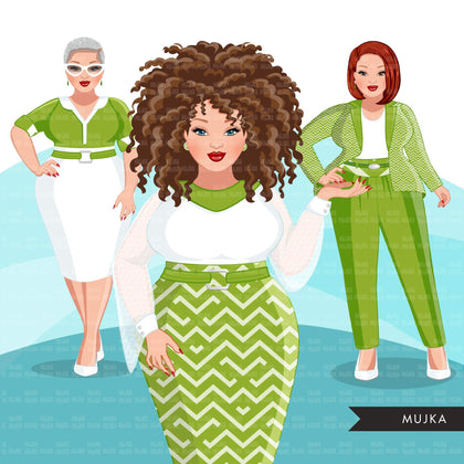 Fashion Clipart, curvy woman graphic, green dress, sisters, friends, sisterhood Sublimation designs for Cricut & Cameo, commercial use PNG