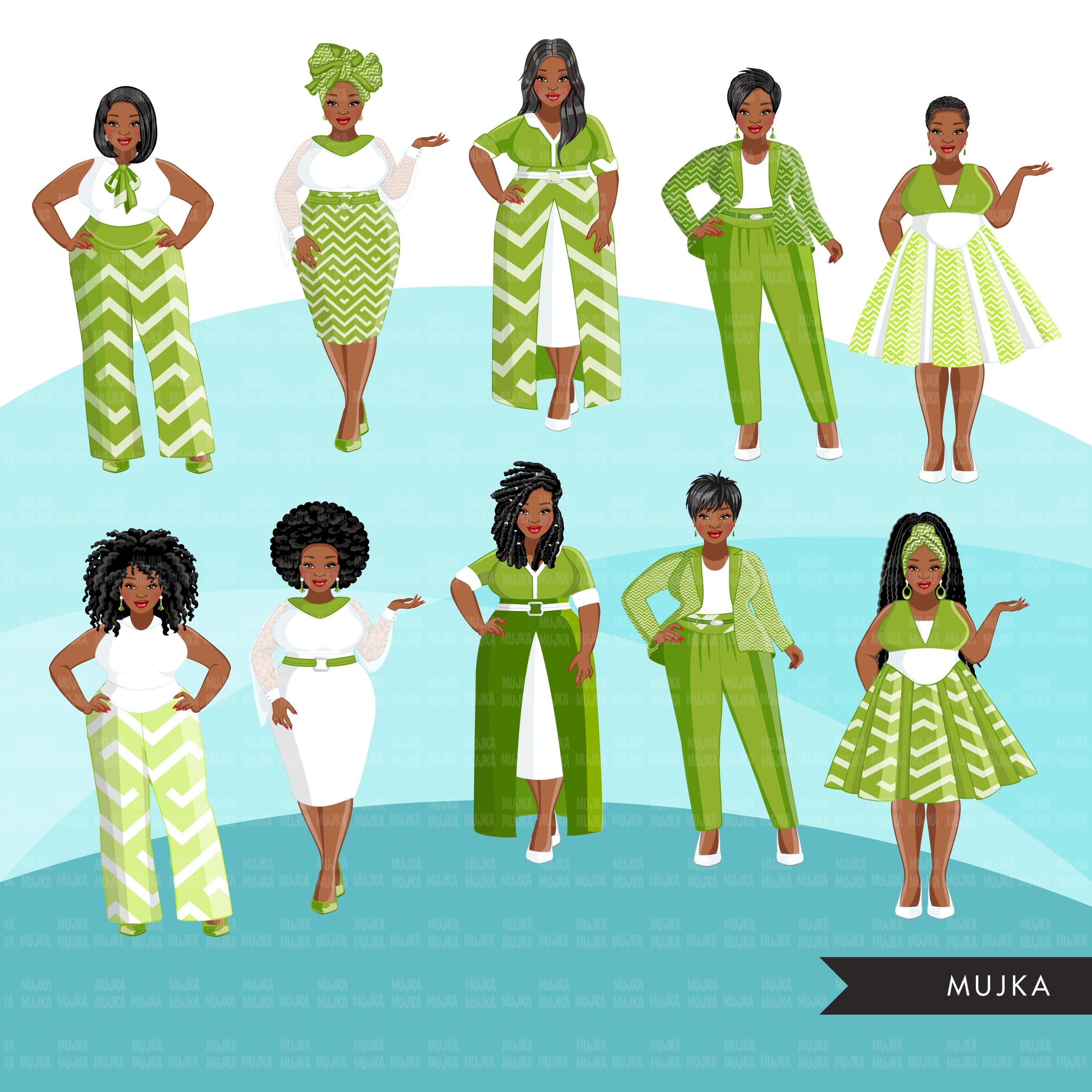 Clipart de moda, mulher negra curvilínea, vestido verde, irmãs, amigos, irmandade Designs de sublimação para Cricut &amp; Cameo, uso comercial png