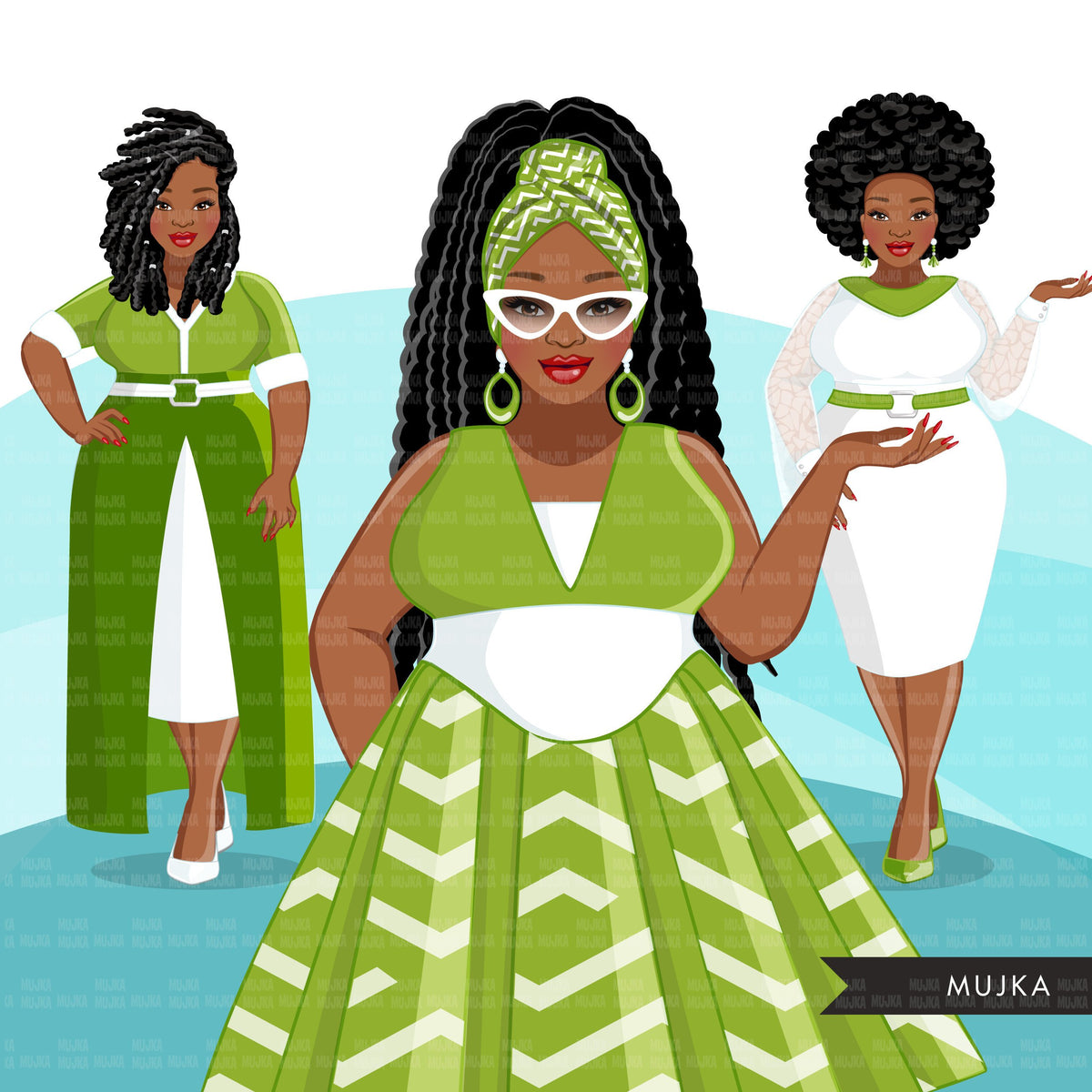 Fashion Clipart, Curvy Black Woman, Green Dress, Sisters, Friends, Sis 