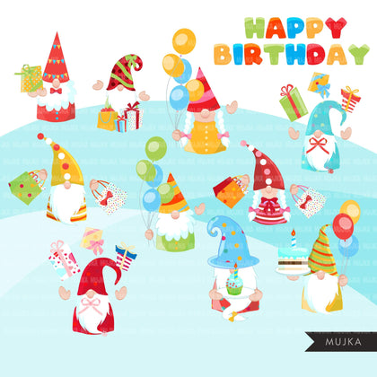 Birthday gnomes Clipart, birthday graphics, colorful party Gnome graphics, png digital sublimation designs