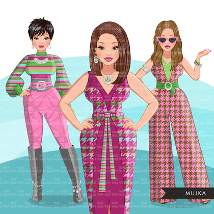 Fashion Clipart, woman graphic, green pink dress, sisters, friends, sisterhood Sublimation designs for Cricut & Cameo, commercial use PNG