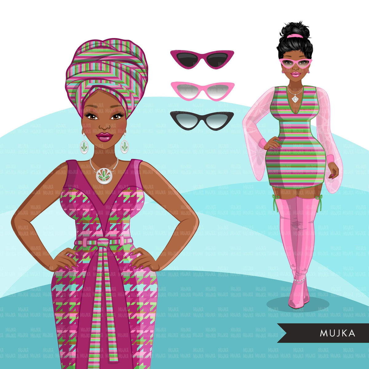 Fashion Clipart, Black woman graphics, green pink, sisters, friends, s ...