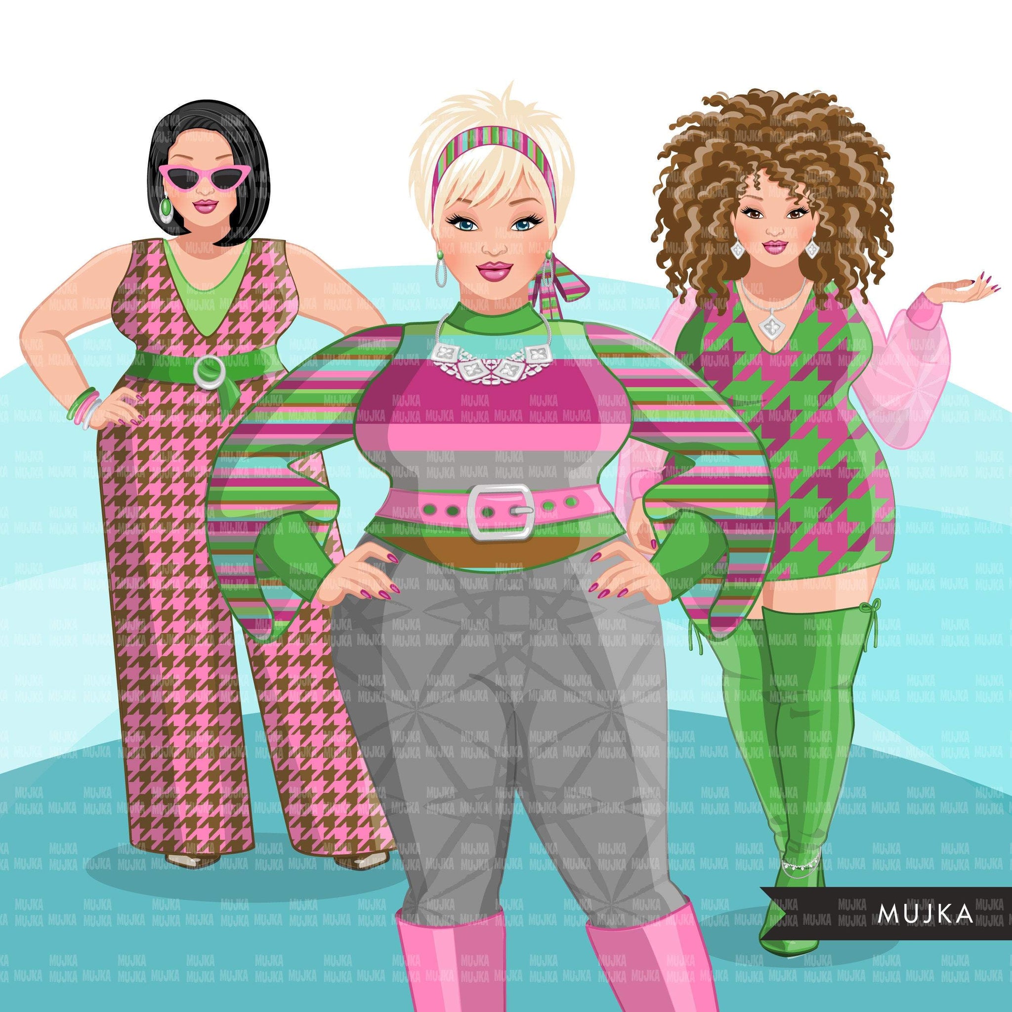 Clipart de moda, gráfico de mulher, vestido rosa verde, irmãs, amigos, irmandade Designs de sublimação para Cricut &amp; Cameo, uso comercial PNG