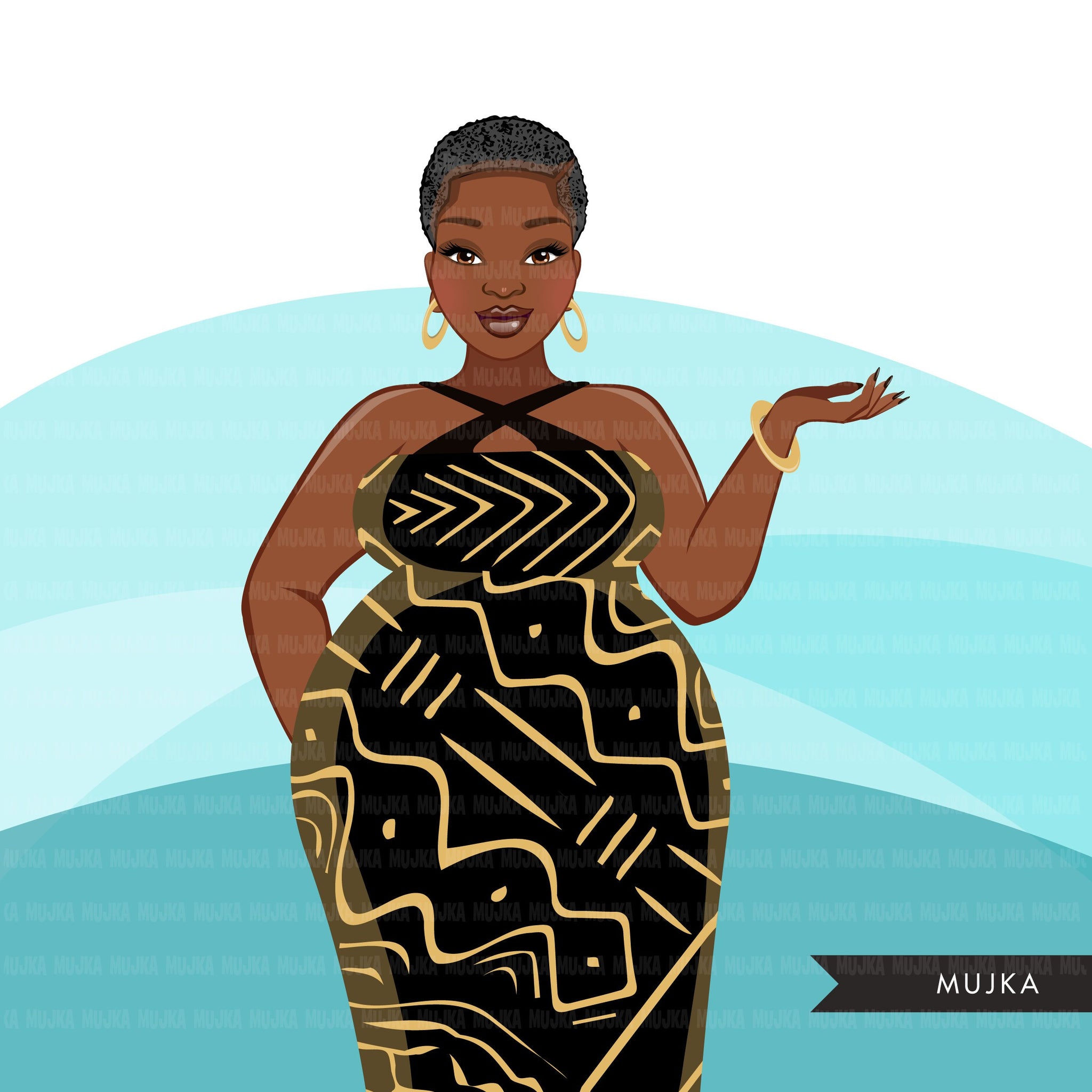 Ankara Fashion Graphics, mud cloth African dress, curvy black woman Sublimation designs for Cricut & Cameo, commercial use PNG clipart