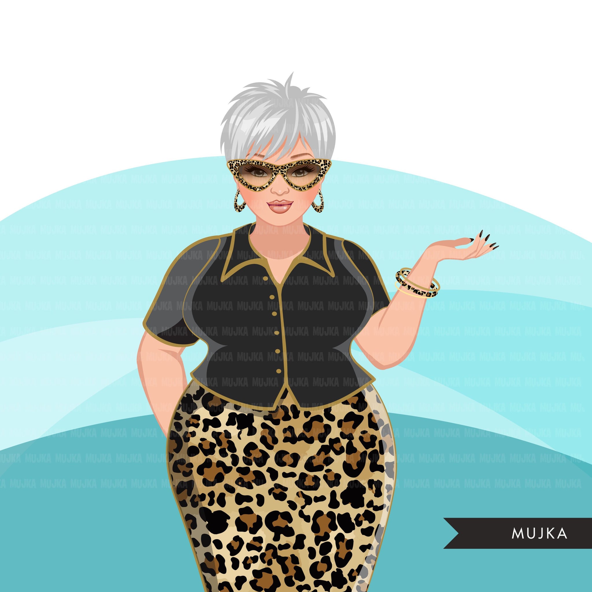 Fashion Graphics, Curvy Caucasian Woman leopard skirt, pixie hair, Sublimation designs for Cricut & Cameo, commercial use PNG clipart