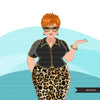 Fashion Graphics, Curvy Caucasian Woman leopard skirt, pixie hair, Sublimation designs for Cricut & Cameo, commercial use PNG clipart