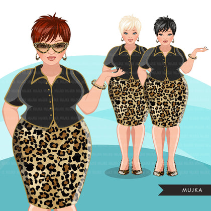 Fashion Graphics, Curvy Caucasian Woman leopard skirt, pixie hair, Sublimation designs for Cricut & Cameo, commercial use PNG clipart