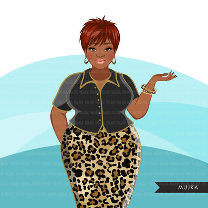 Fashion Graphics, Curvy Black Woman leopard skirt, pixie hair, Sublimation designs for Cricut & Cameo, commercial use PNG clipart