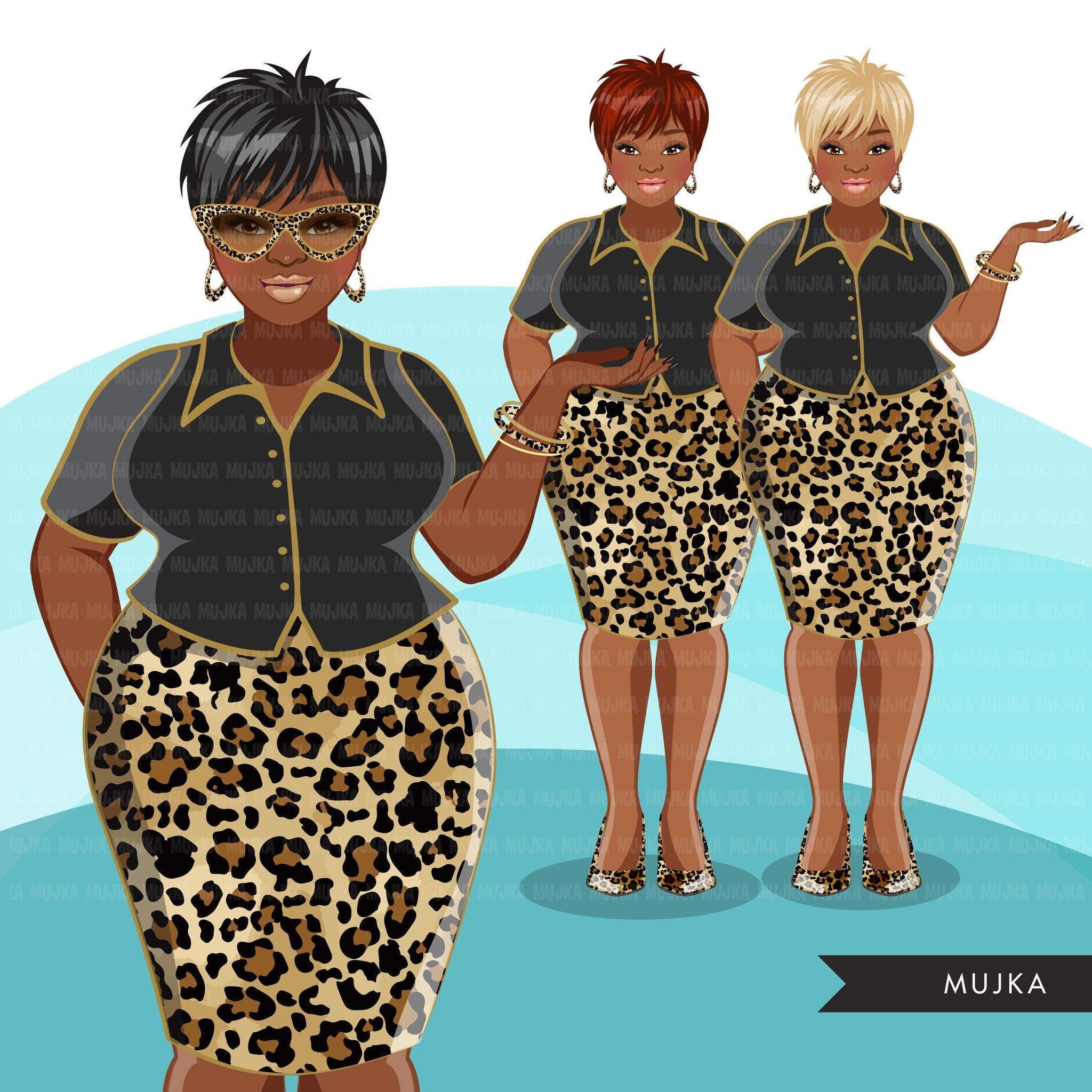 Fashion Graphics, Curvy Black Woman leopard skirt, pixie hair, Sublimation designs for Cricut & Cameo, commercial use PNG clipart