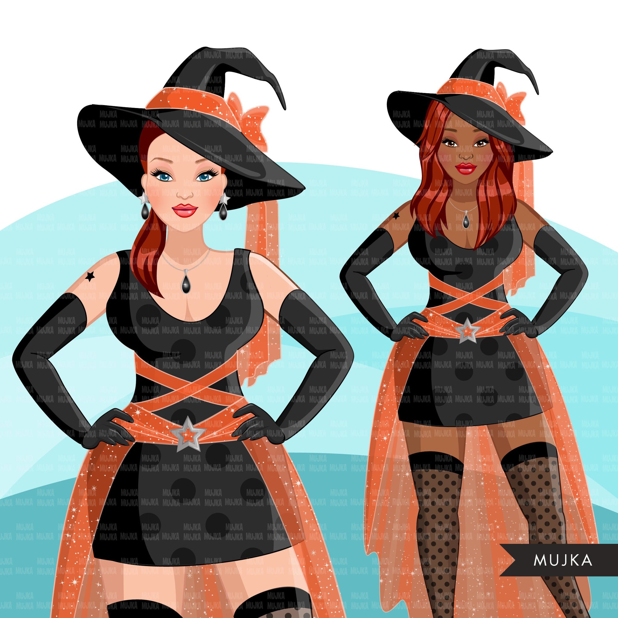 Clipart de moda, mulher de Halloween, gráficos de mulher negra, designs de sublimação de bruxa afro para Cricut &amp; Cameo, uso comercial PNG