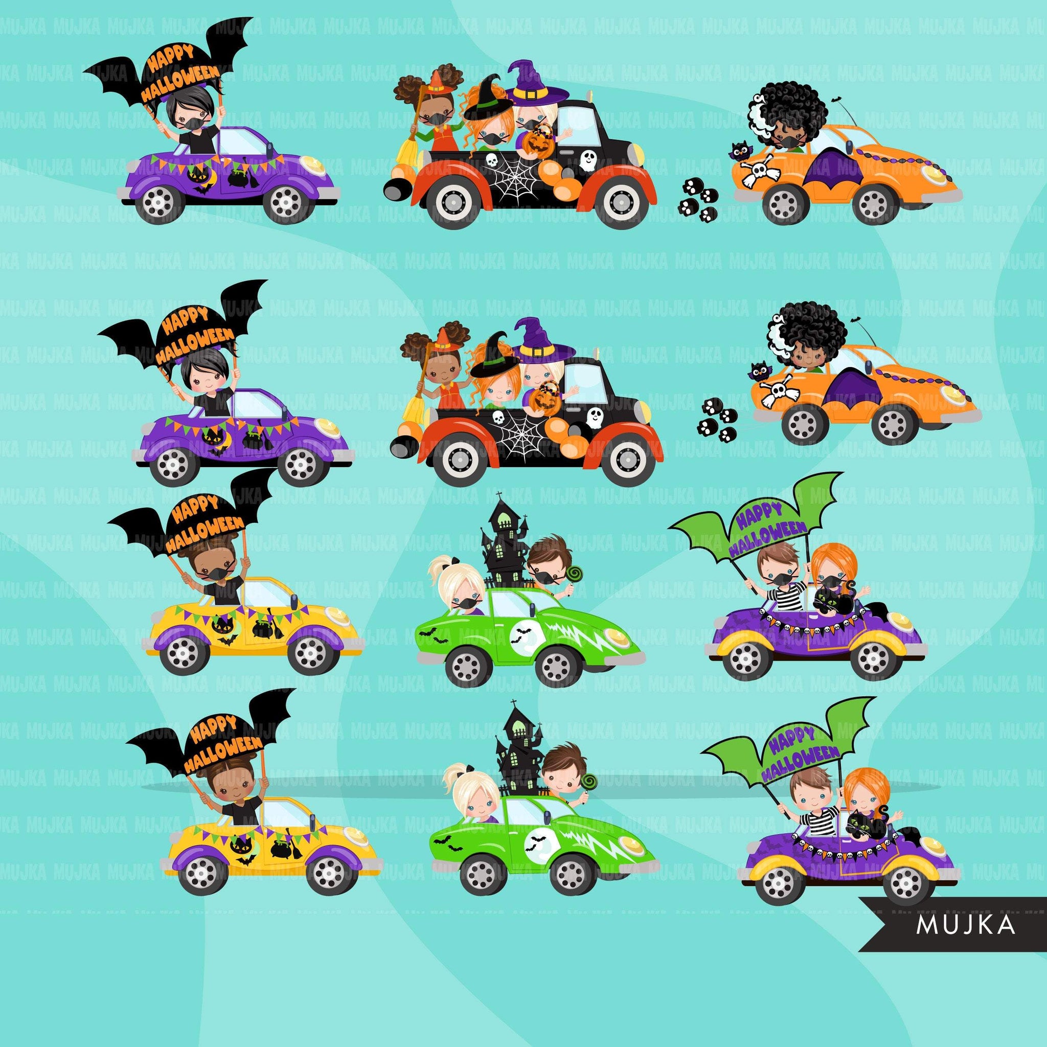 Drive by Halloween Party parade clipart, kids quarantine halloween party, drive through party truck, car graphics, PNG clip art, boys, girls