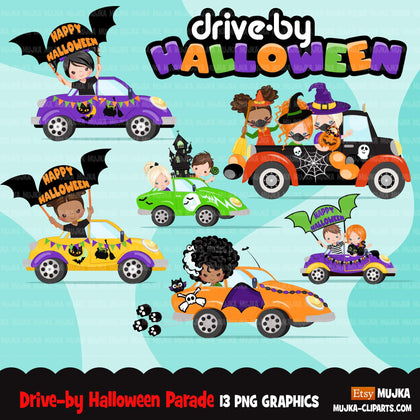 Drive by Halloween Party parade clipart, kids quarantine halloween party, drive through party truck, car graphics, PNG clip art, boys, girls