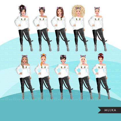 Fashion Clipart, Halloween woman, black woman graphics, afro kitty Sublimation designs for Cricut & Cameo, commercial use PNG