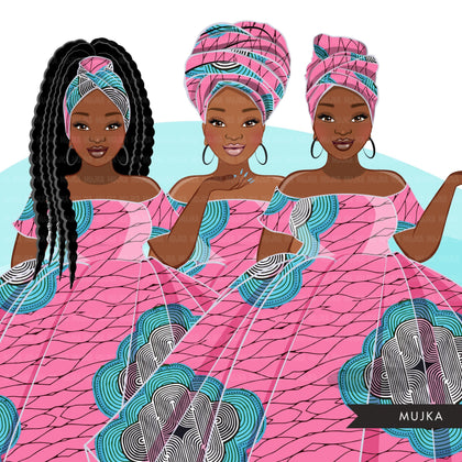 Ankara Fashion Graphics, pink and blue African dress, curvy black woman Sublimation designs for Cricut & Cameo, commercial use PNG clipart