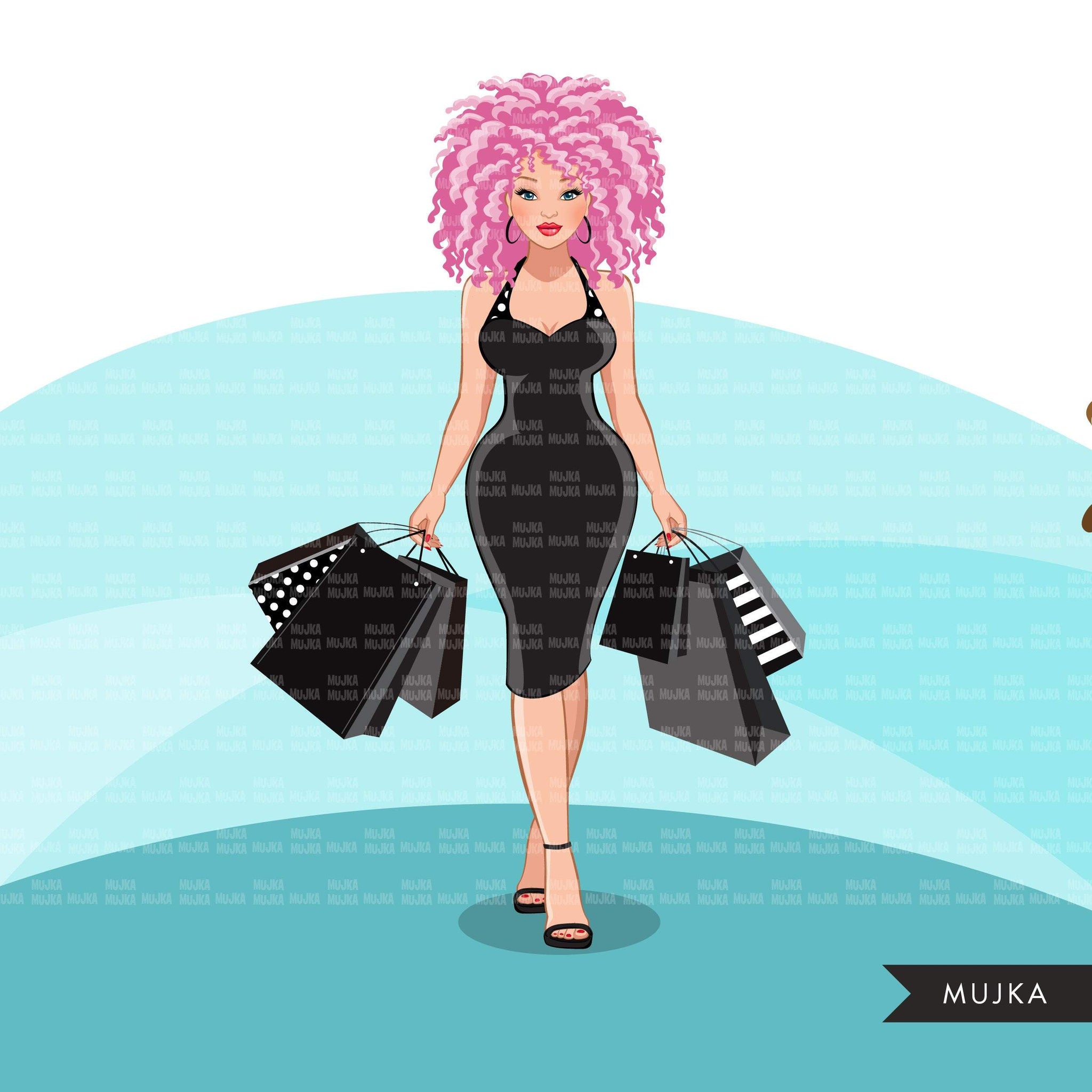 Fashion Graphics, Caucasian Woman shopping, polka dot dress, curly hair, Sublimation designs for Cricut & Cameo, commercial use PNG clipart