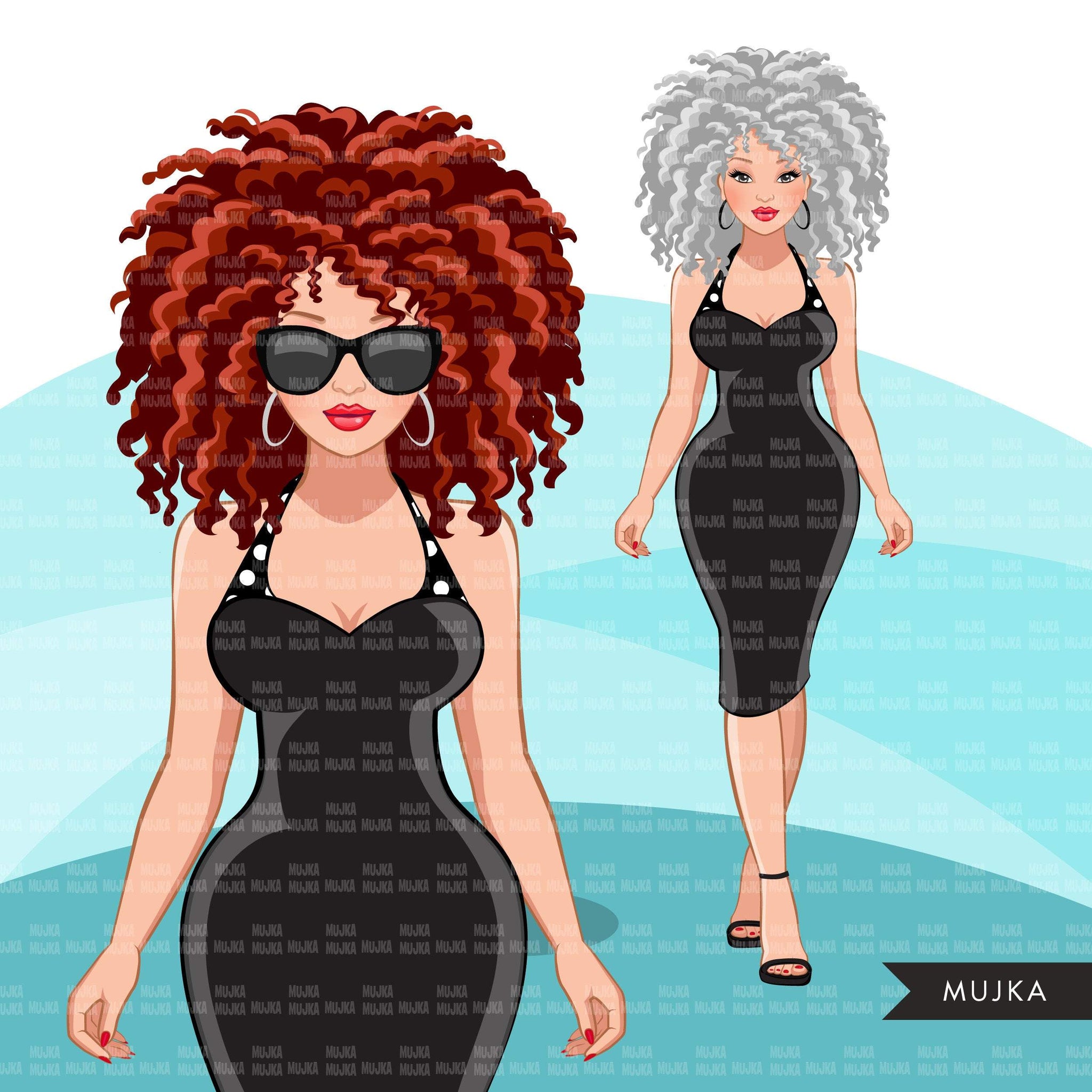 Fashion Graphics, Caucasian Woman shopping, polka dot dress, curly hair, Sublimation designs for Cricut & Cameo, commercial use PNG clipart
