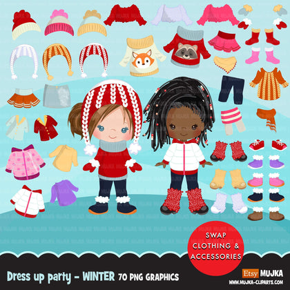 Paper doll clipart, Winter outfits, winter Dress up Party, girl fashion, black girl, png clip art, commercial use sublimation graphics