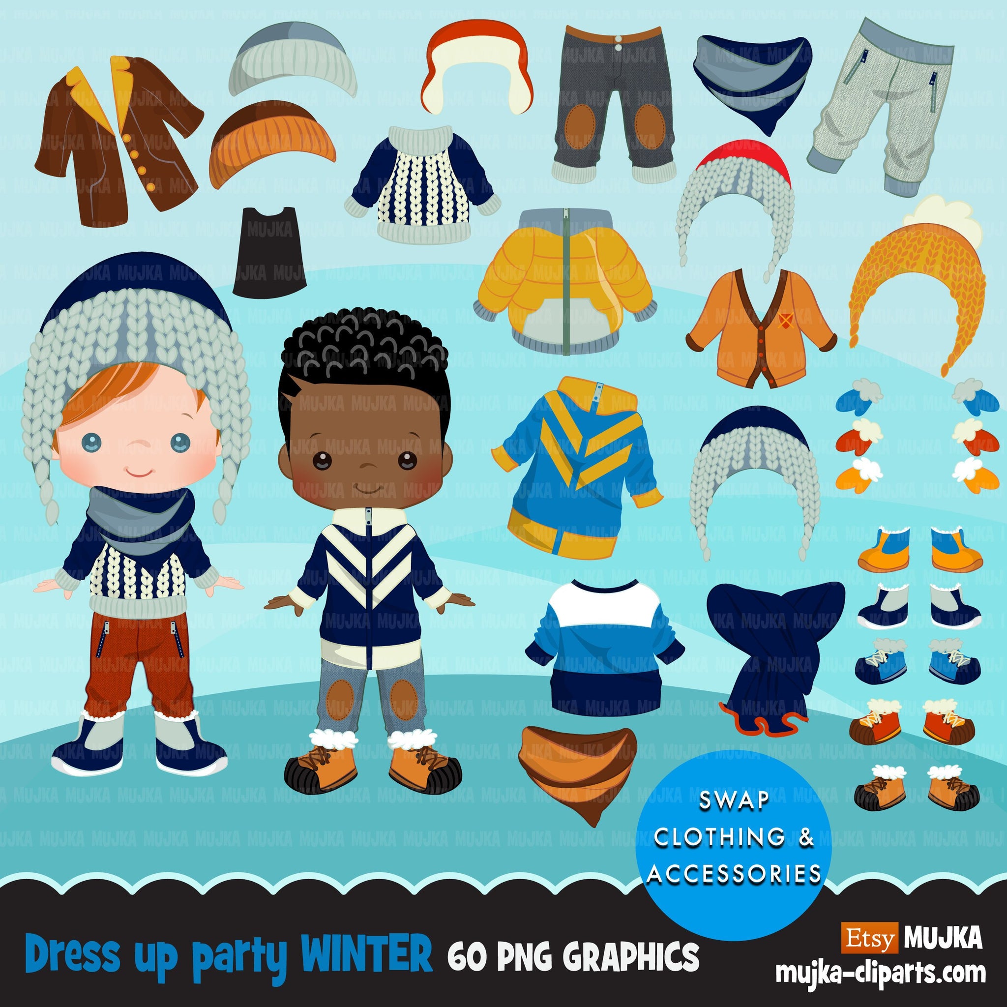 Paper doll clipart, Winter outfits, winter Dress up Party, boy fashion, black boy, png clip art, commercial use sublimation graphics