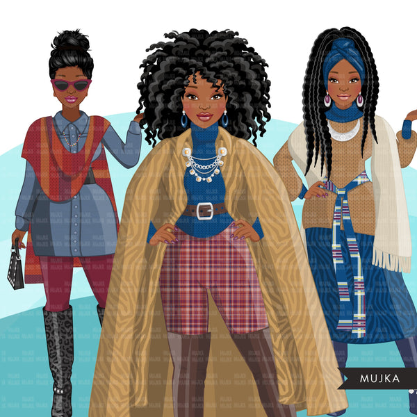 Fashion Clipart, Black woman graphics, fall fashion, sisters, friends ...