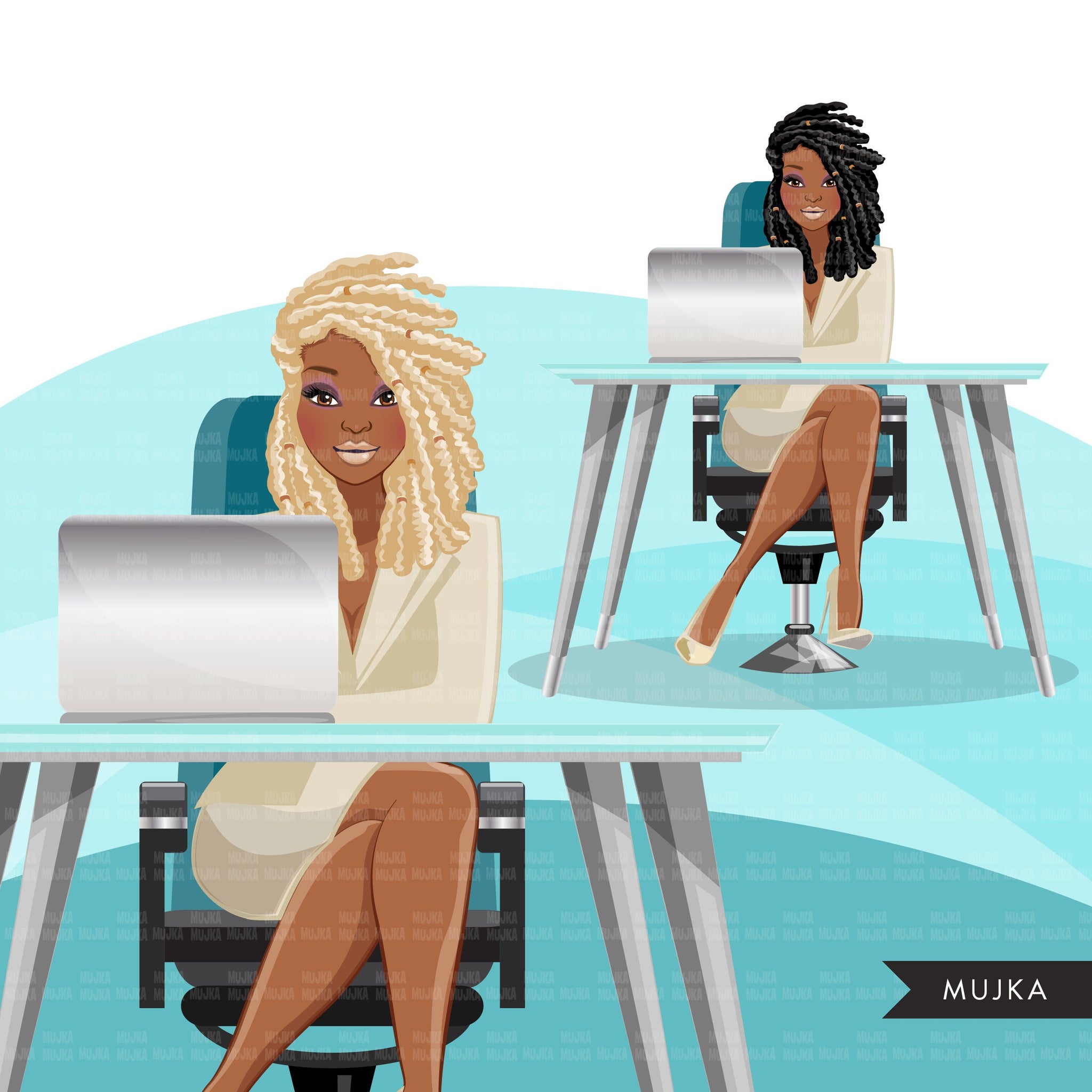 Fashion Graphics, Black Business Woman with laptop, braids, afro Sublimation designs for Cricut & Cameo, commercial use PNG clipart