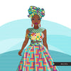 Ankara Fashion Graphics, geometric African dress, head wrap, black woman Sublimation designs for Cricut & Cameo, commercial use PNG clipart