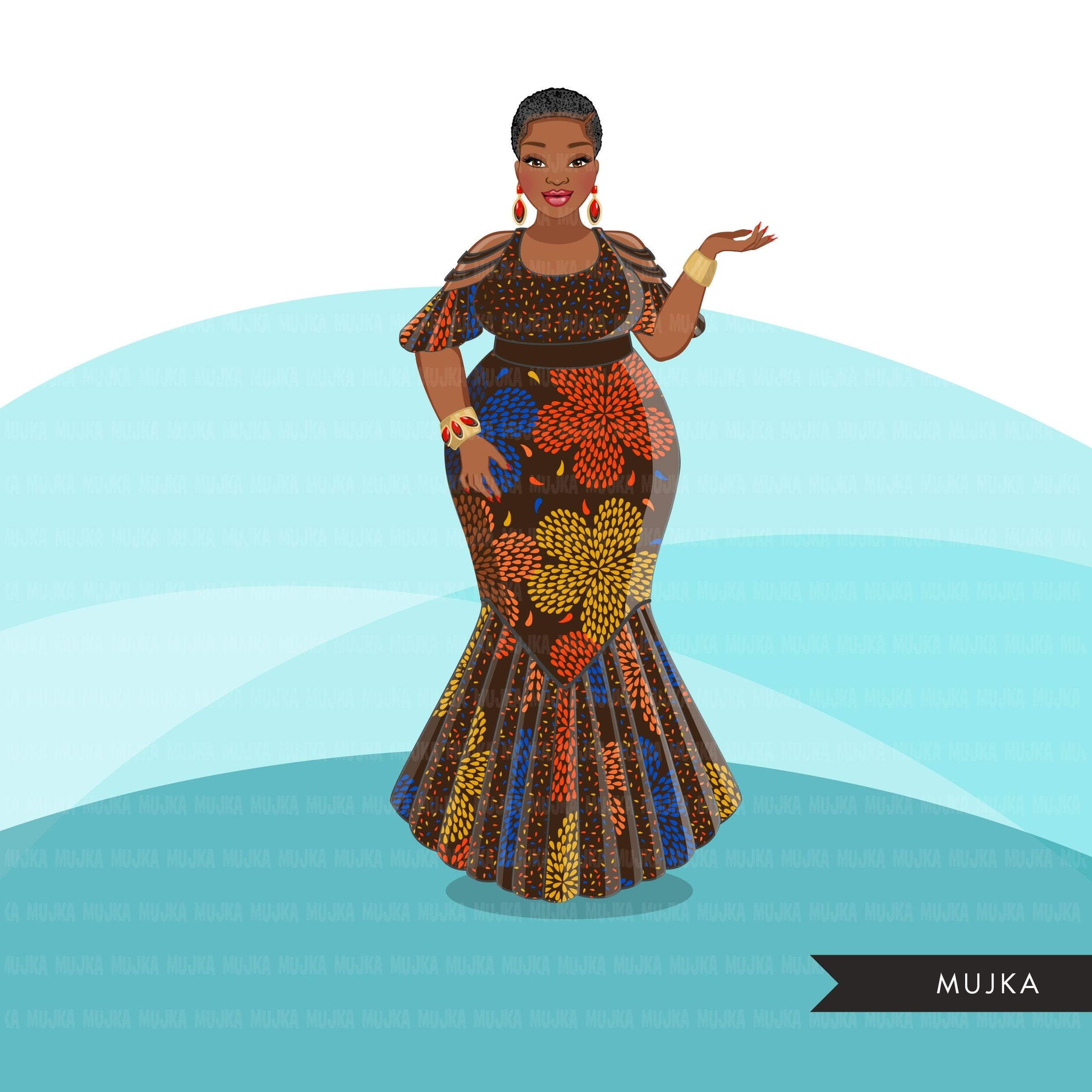 Ankara Fashion Graphics, brown floral African dress, curvy black woman Sublimation designs for Cricut & Cameo, commercial use PNG clipart