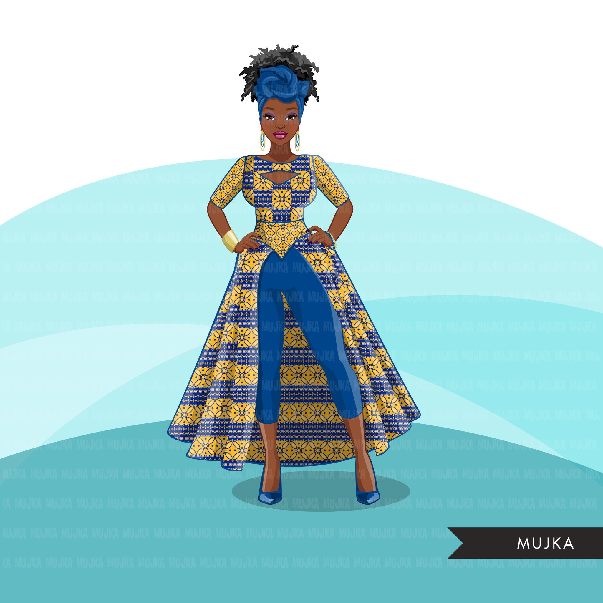 Ankara Fashion Graphics, royal blue gold, African dress, black woman S MUJKA CLIPARTS Ankara Fashion Graphics, royal blue gold, African dress, black woman S MUJKA CLIPARTS
