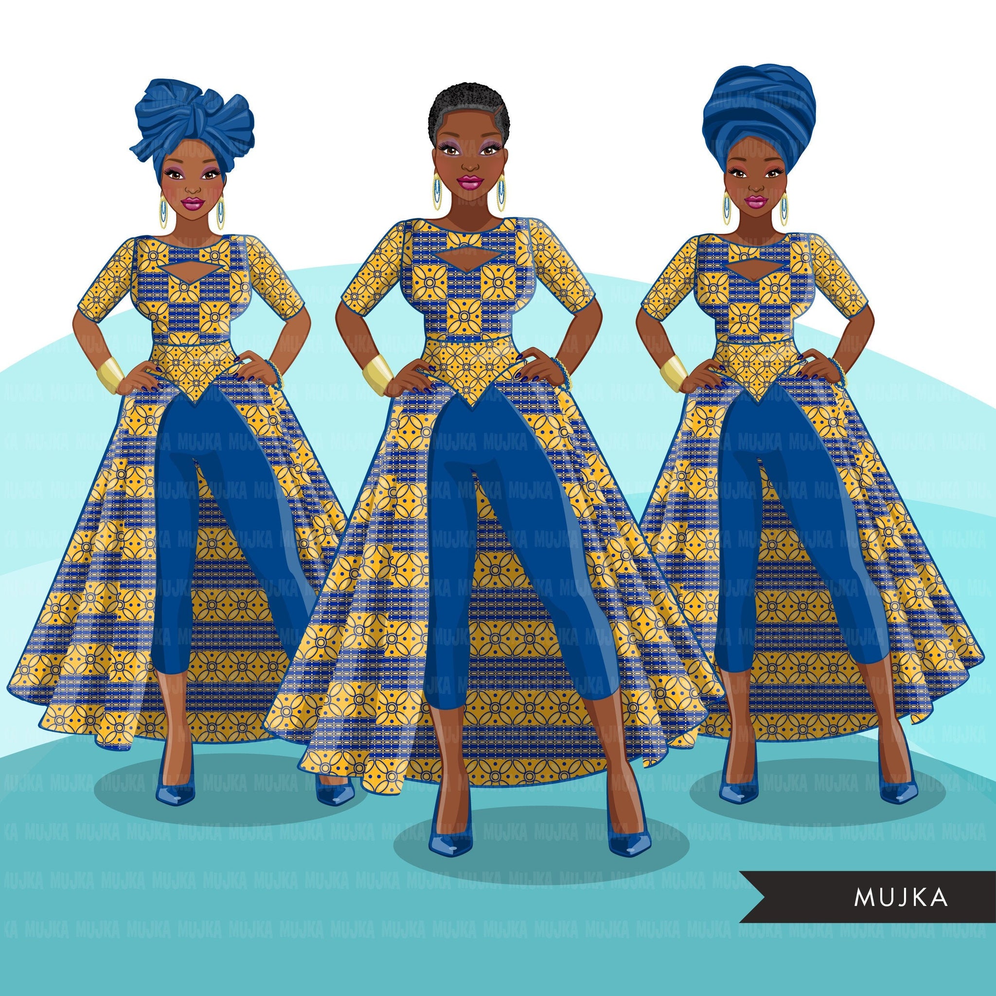 Ankara Fashion Graphics, royal blue gold, African dress, black woman S MUJKA CLIPARTS Ankara Fashion Graphics, royal blue gold, African dress, black woman S MUJKA CLIPARTS