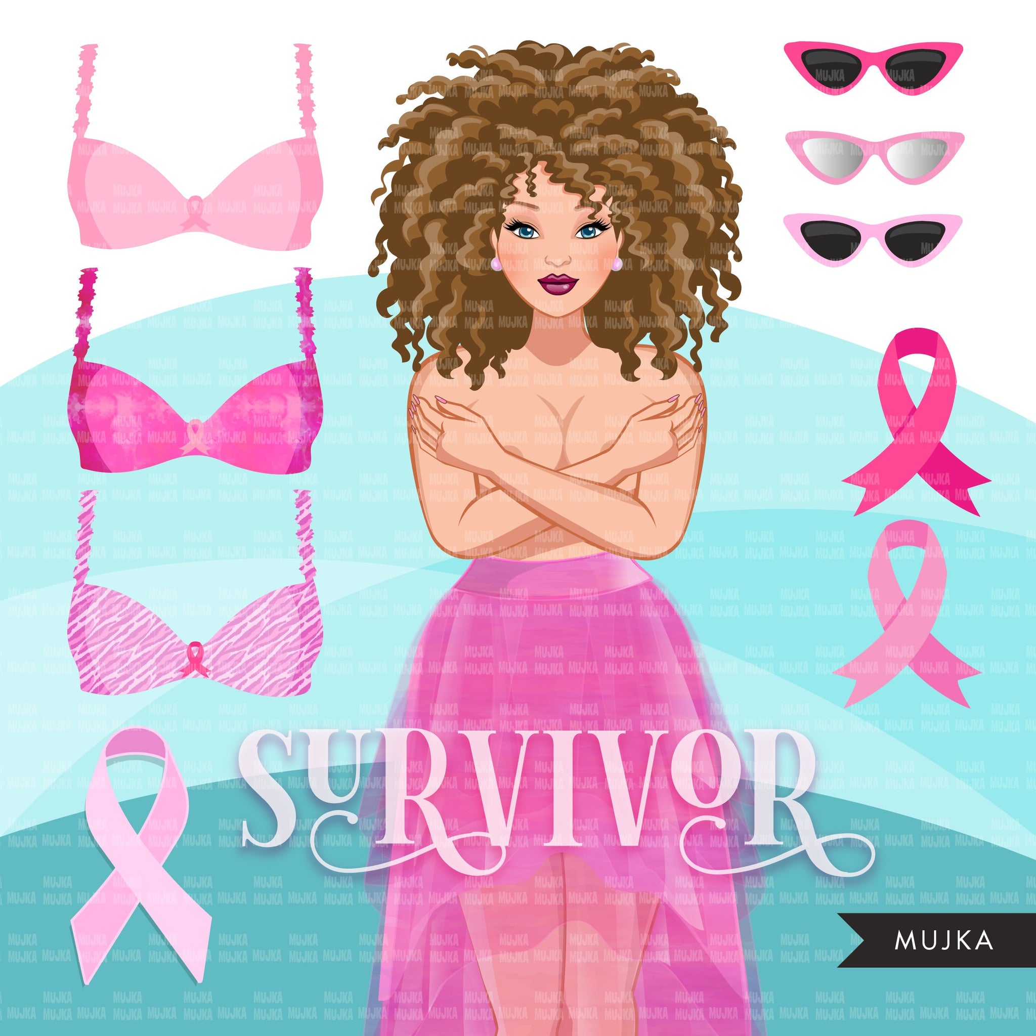 Clipart de câncer de mama, gráficos de mulher, sobrevivente, fita rosa, designs de sublimação para Cricut &amp; Cameo, uso comercial PNG