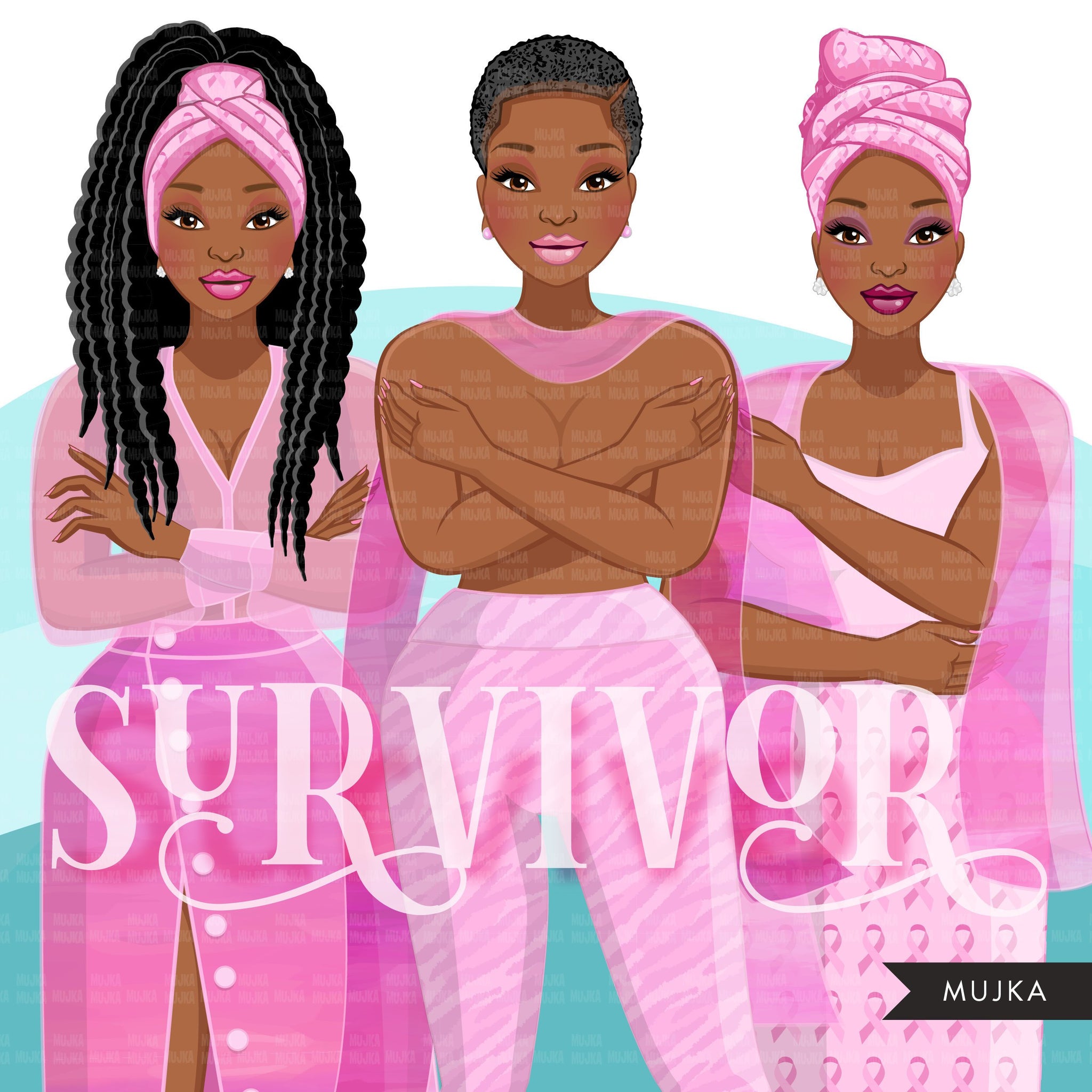 Breast cancer clipart, black woman graphics, survivor, pink ribbon, Sublimation designs for Cricut & Cameo, commercial use PNG