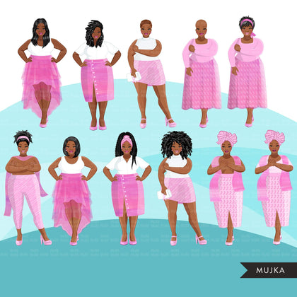 Breast cancer clipart, curvy black woman graphics, survivor, pink ribbon, Sublimation designs for Cricut & Cameo, commercial use PNG