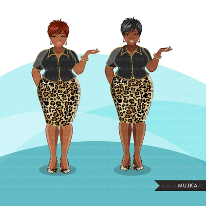 Fashion Graphics, Curvy Black Woman leopard skirt, pixie hair, Sublimation designs for Cricut & Cameo, commercial use PNG clipart