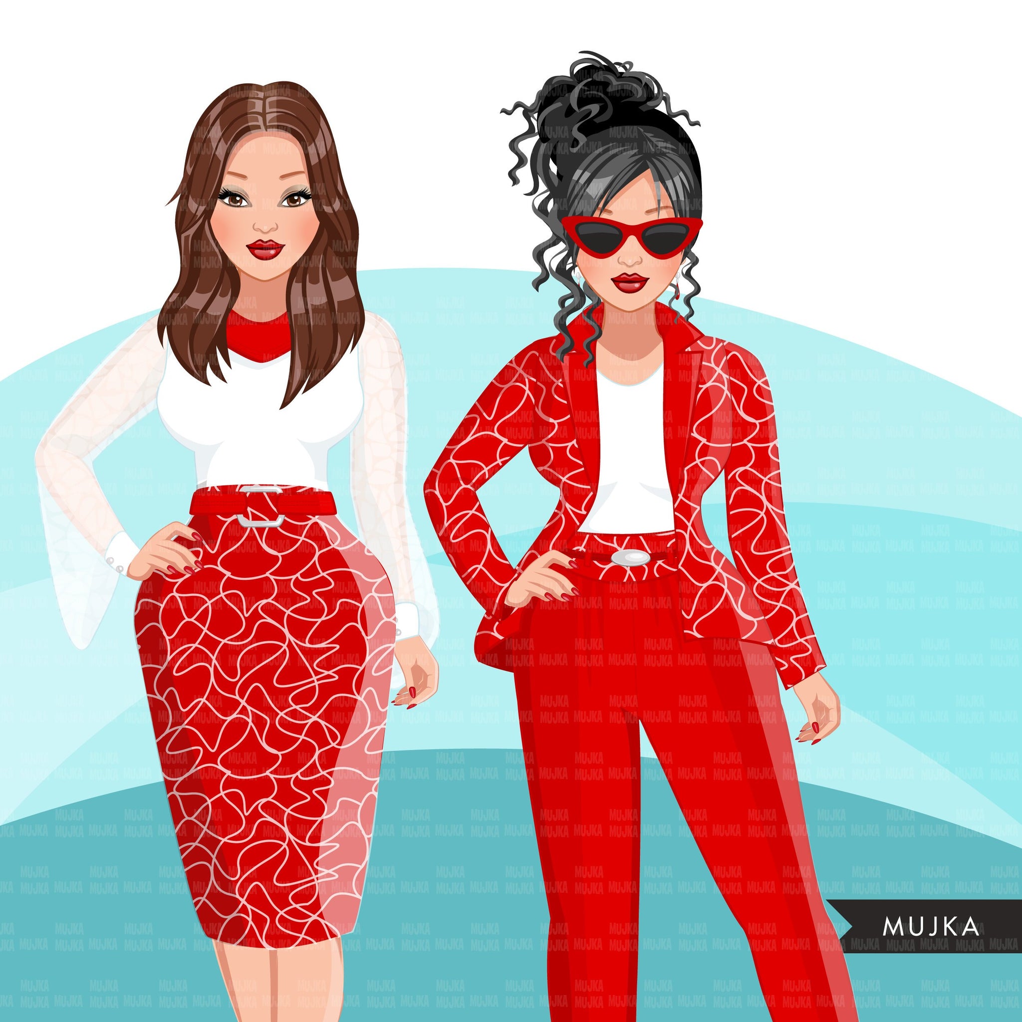 Fashion Clipart, woman white and red dress, sisters, friends, sisterhood Sublimation designs for Cricut & Cameo, commercial use PNG