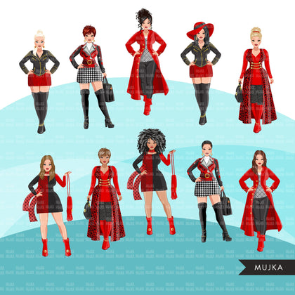 Fashion Clipart, woman red and black dress, sisters, friends, sisterhood Sublimation designs for Cricut & Cameo, commercial use PNG