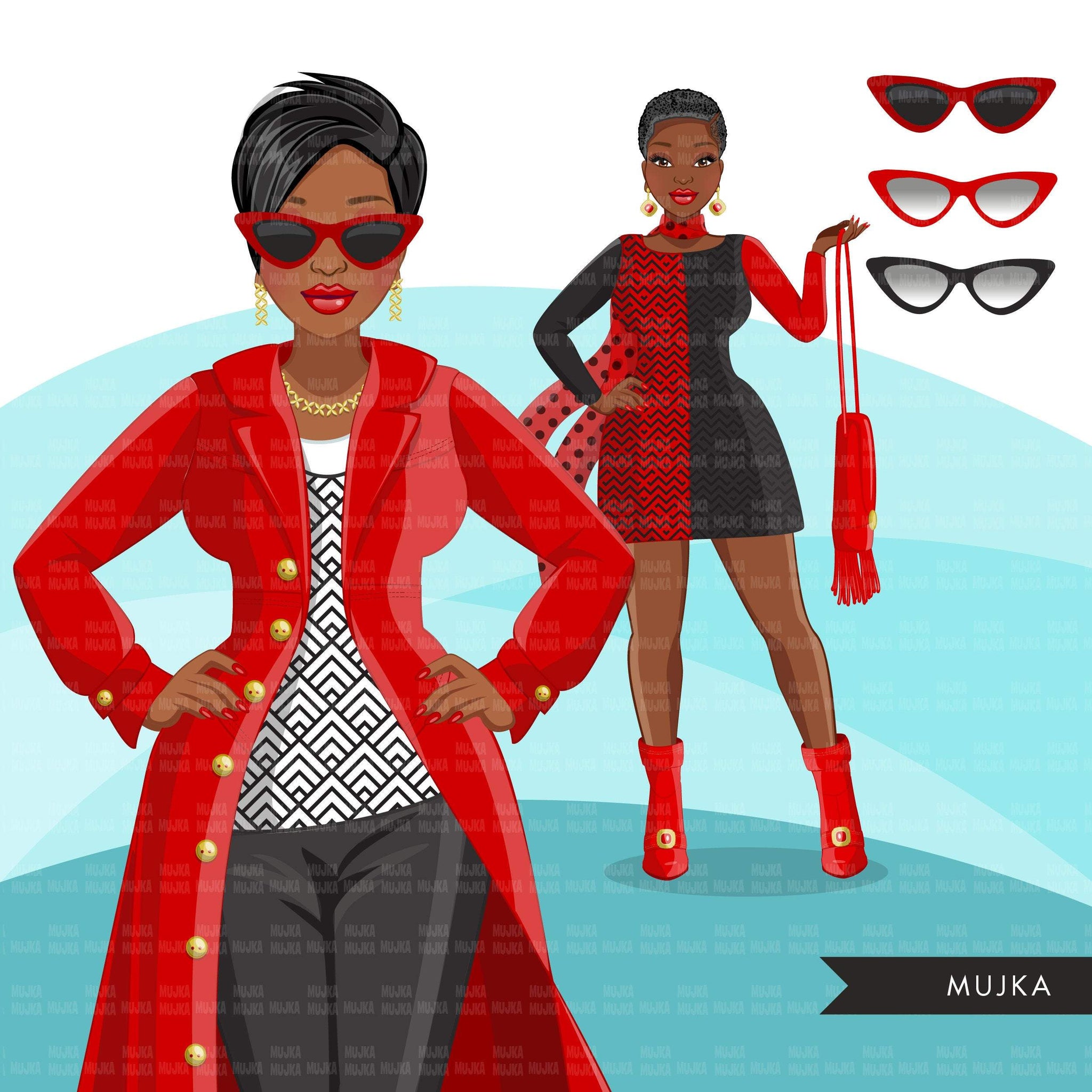 Fashion Clipart, Black woman, black and red dress, sisters, friends, sisterhood Sublimation designs for Cricut & Cameo, commercial use PNG