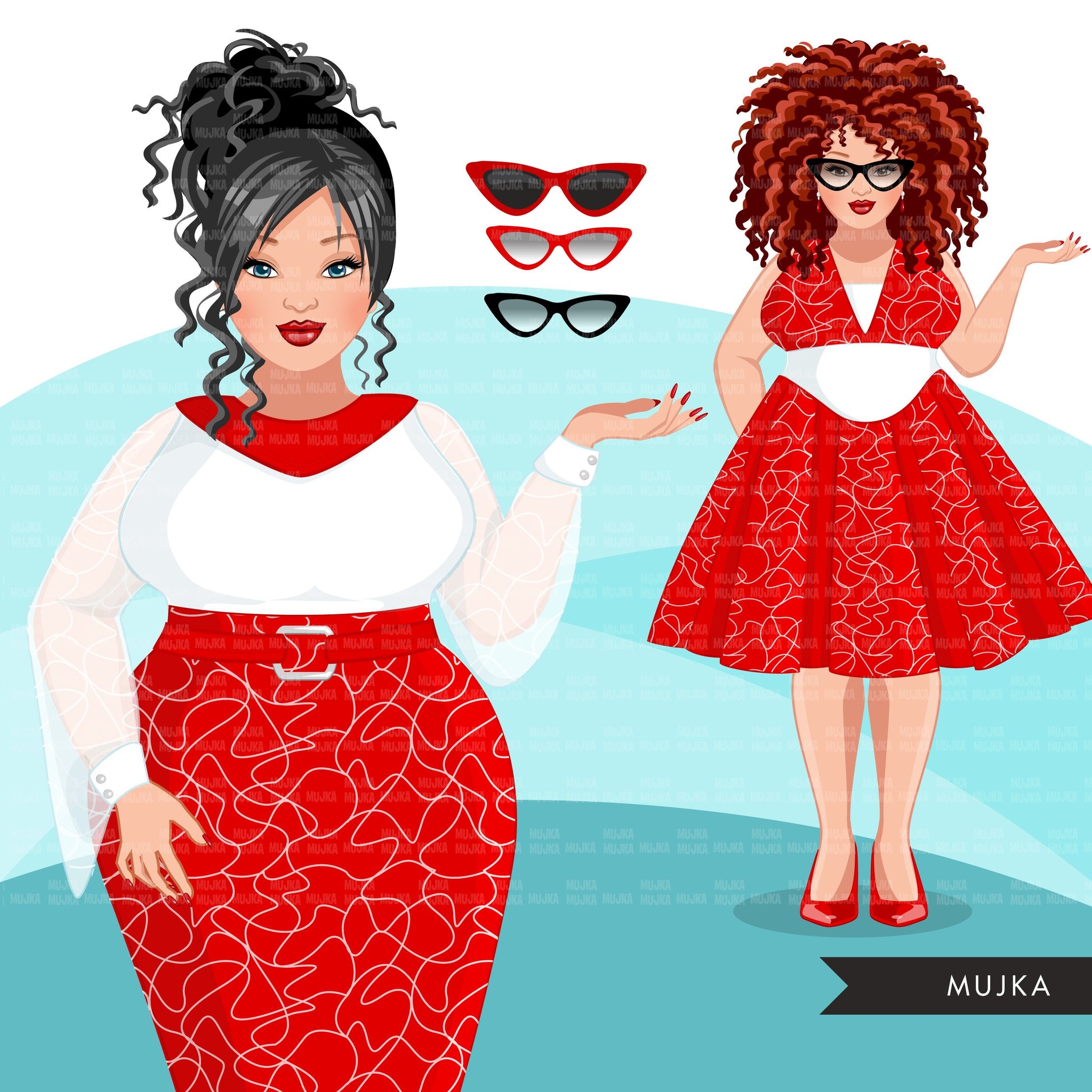 Fashion Clipart, curvy woman white and red dress, sisters, friends, sisterhood Sublimation designs for Cricut & Cameo, commercial use PNG