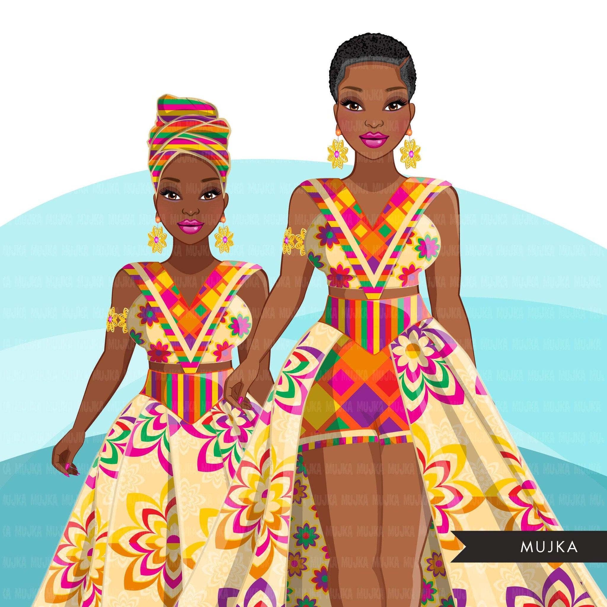 Ankara Fashion clipart, geometric African dress, head wrap, black woman Sublimation designs for Cricut & Cameo, commercial use PNG