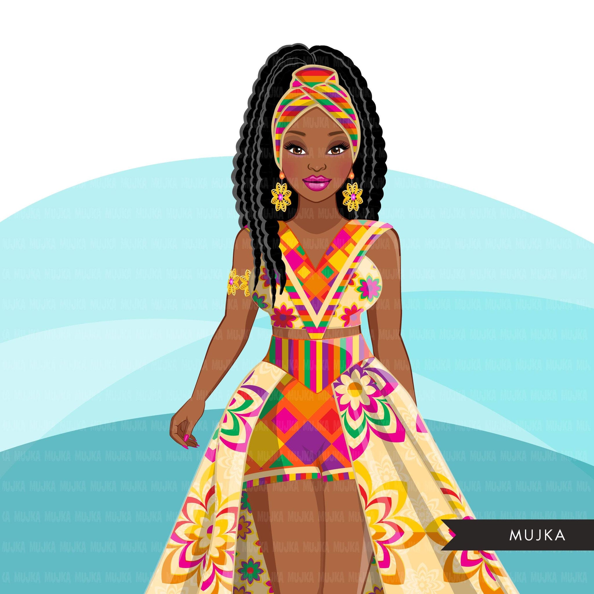 Ankara Fashion clipart, geometric African dress, head wrap, black woman Sublimation designs for Cricut & Cameo, commercial use PNG