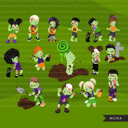 Halloween clipart, zombie clipart, zombie kids, grave, rip, brains png graphics, sublimation designs, Halloween party